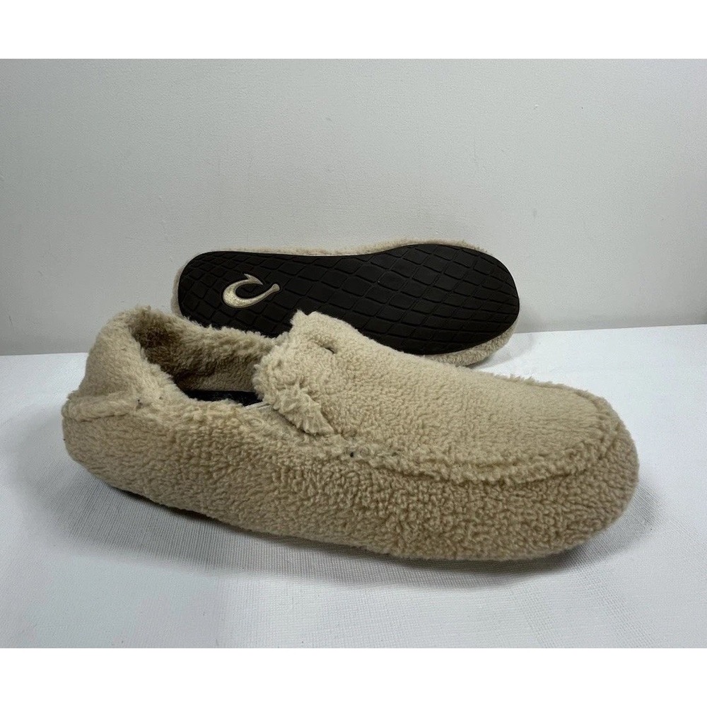 Olukai Womens 10 Nohea Heu Slippers Beige Slip On Loafers Cozy Casual Warm Comfy